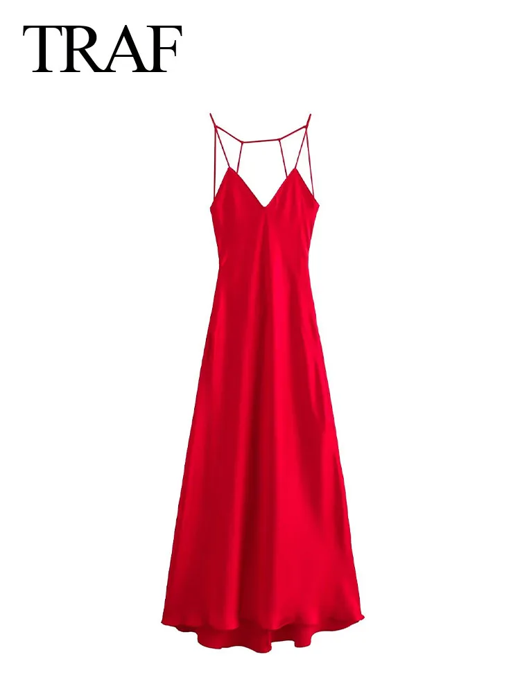 TRAF 2023 Women\'s Fashion Chic Long Dresses Solid Red V-Neck Sleeveless Backless Decorate Female Vintage Camisole Dresses