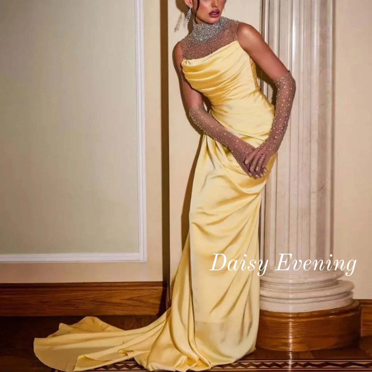

Customized Crystal Yellow Prom Dress Satin Long Train Evening Dresses High Neck Pleated Formal Special Occasion Dress