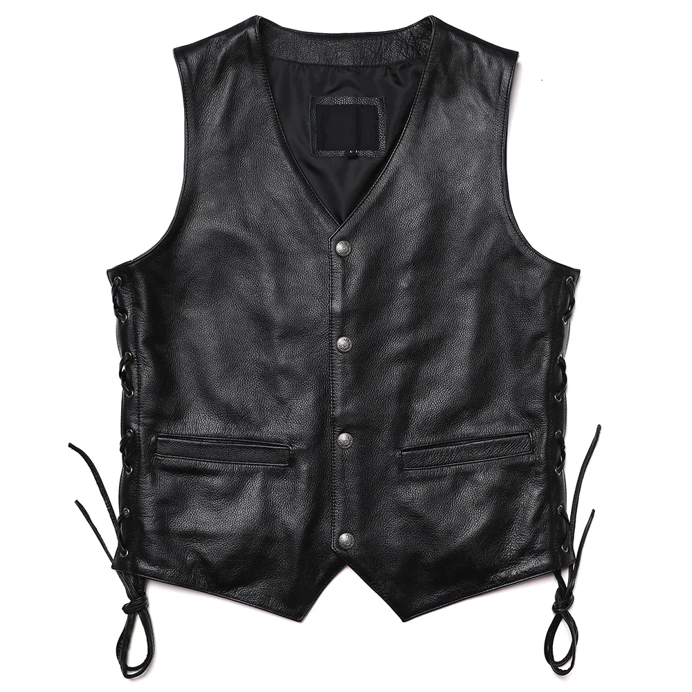 

Classical Motorcycle Leather Vest Men's Natural Cowhide Genuine Leather Vest Slim V Neck Tassels Sleeveless Jacket
