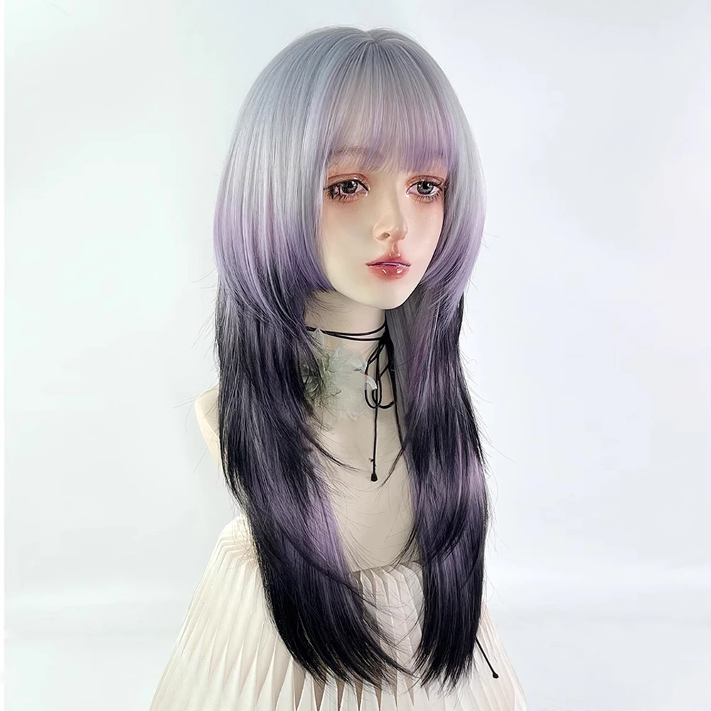 Synthetic Long Straight Grey Ombre Purple Black Jellyfish Head Wig Fluffy Lolita Cosplay Women Wig for Daily Party