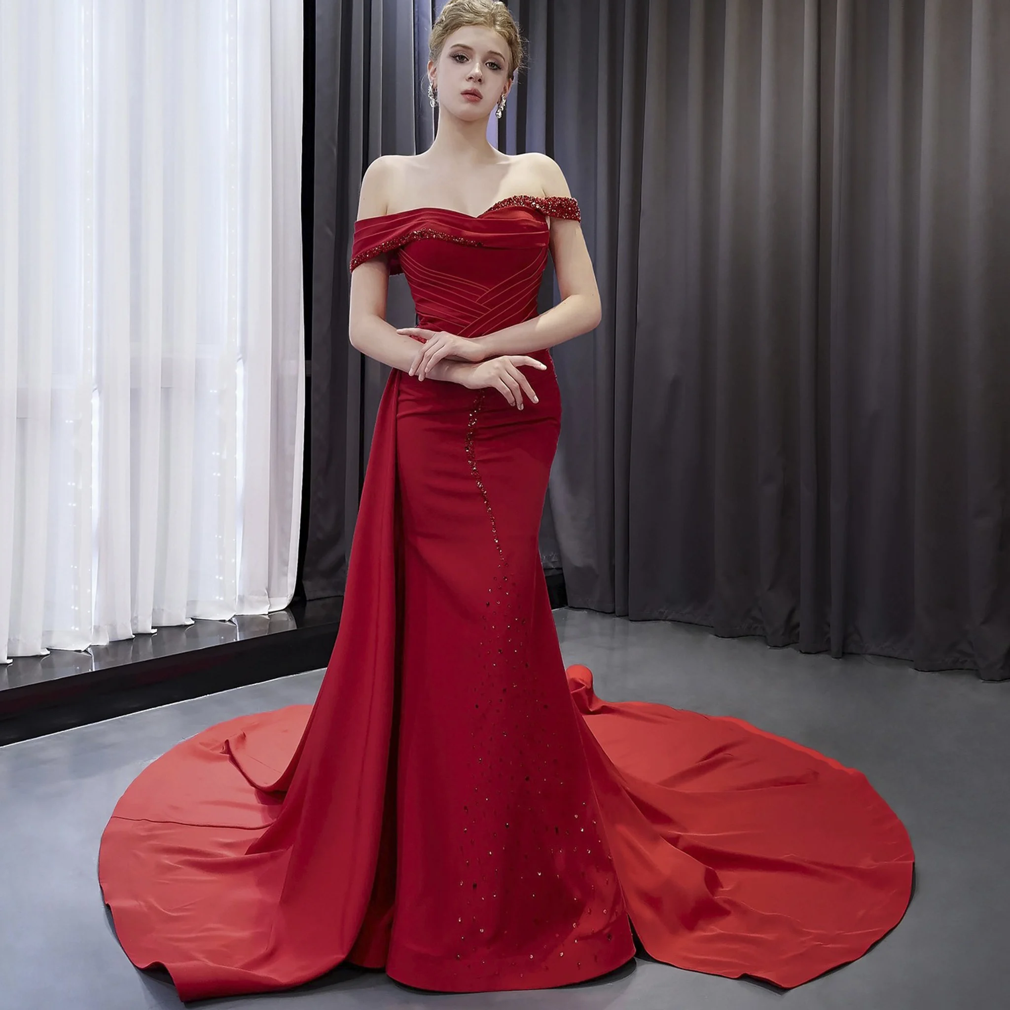 

Rosymae модное платье русалки с открытыми плечами для выпускного вечера красный асимметричный дизайн сшитые вручную бусины плиссированные одна вечерние платья