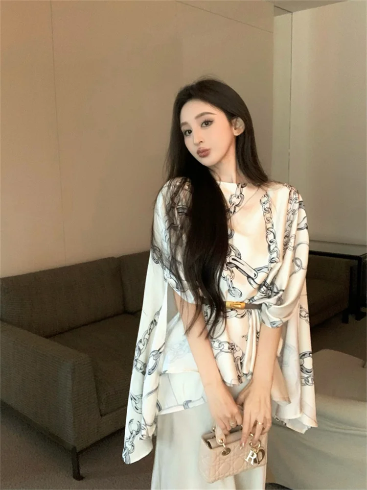 Temperament Women's Two-piece Suit Fashion Printed Loose Cape Top and Sheath Camisole Dress Sets Elegant Formal Party Outfits