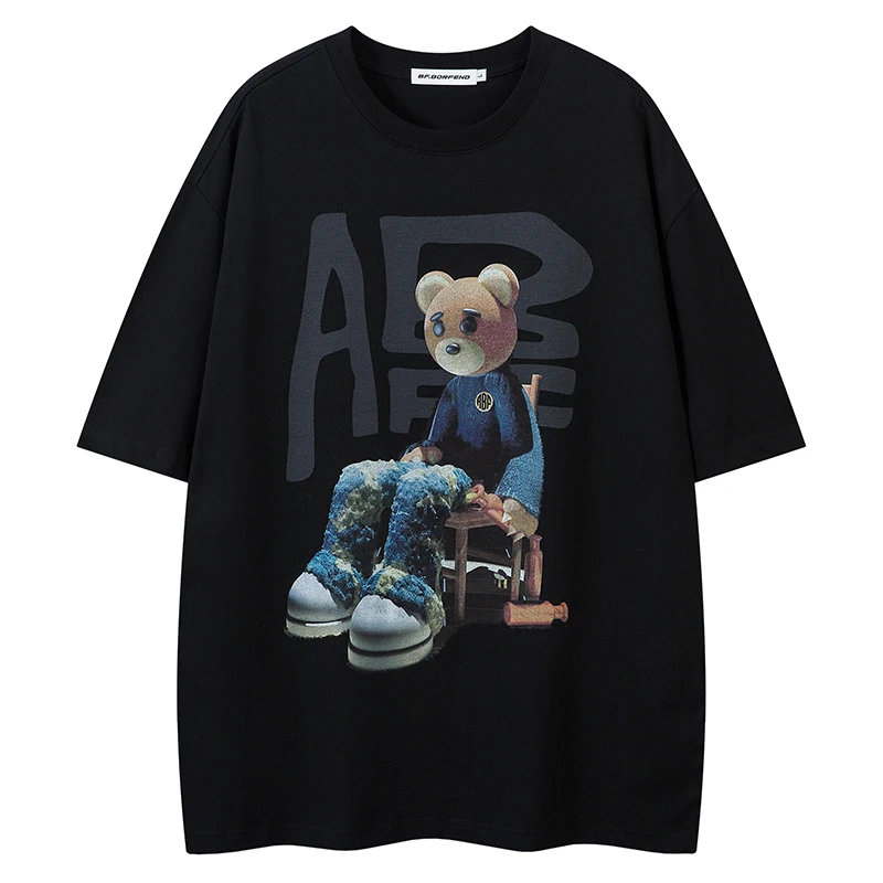 

Summer Mens Short Sleeve Tshirts Hip Hop Funny Cartoon Bear Graphic Printed T-Shirts Streetwear Harajuku Casual Cotton Tops Tees
