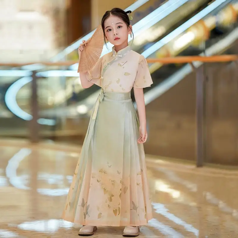 Girls Hanfu Top And Mamianqun Skirt 2pcs Set Chinese Traditional Clothes For Kids Qipao