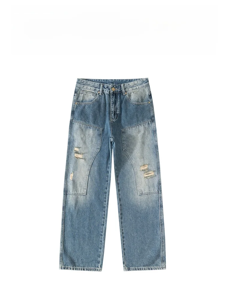 

Модные рабочие джинсы BAIRBAOLIY: новые мужские ретро-брюки прямого кроя с рваными элементами и нашивками, из плотной ткани