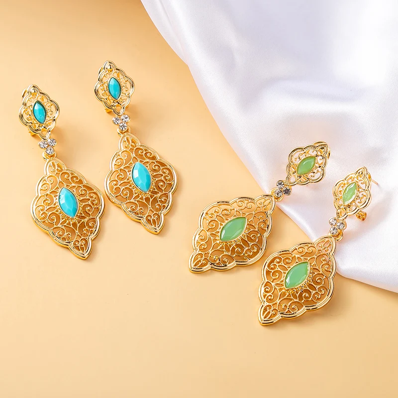 Moroccan Gold Color Bridal Jewelry Hollow Design Turquoise Mint Green Crystal Earrings Wedding Holiday Dress Eardrop