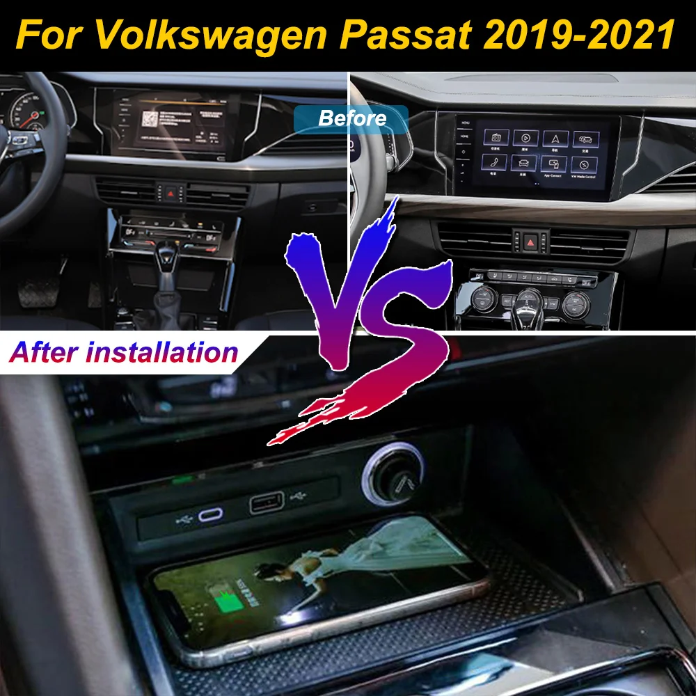 2 Din for Volkswagen Passat 2019-2021 Car Wireless Mobile Phone Charger Center Console Storage iphone fast charge plate holder