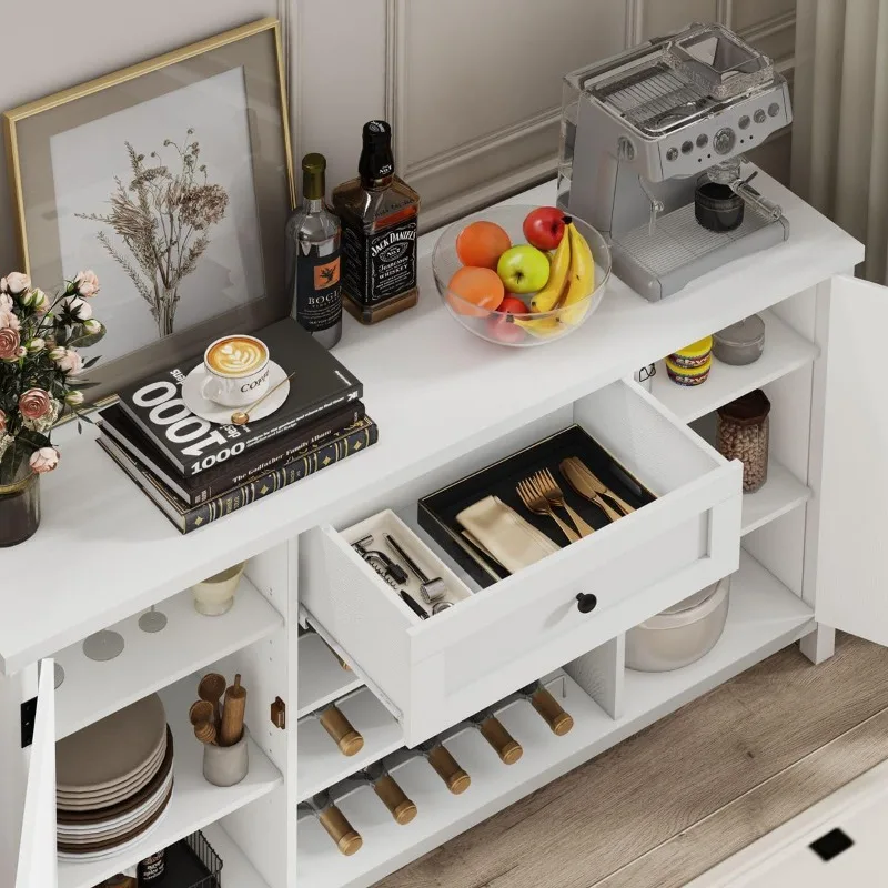 Wood Sideboard Cabinet with Drawer & Wine Rack, Modern Credenza Coffee Bar Cabinet for Living Room