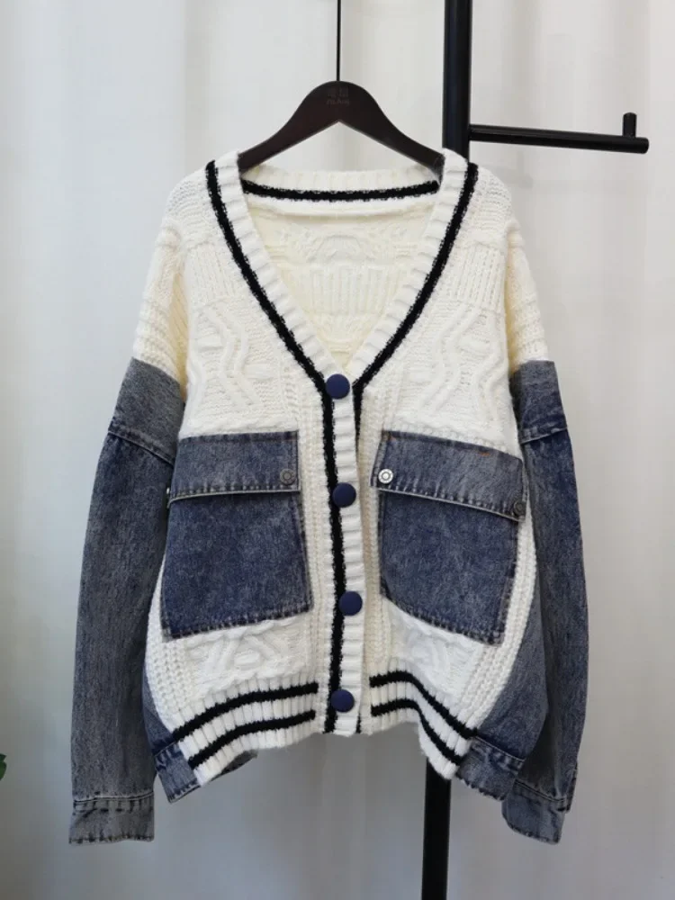 Denim Splicing Cardigan Jacket Korean Casual Loose V-Neck Pocket Design Sweater Color Blocked Oversize Cowboy Knitted Coat Women