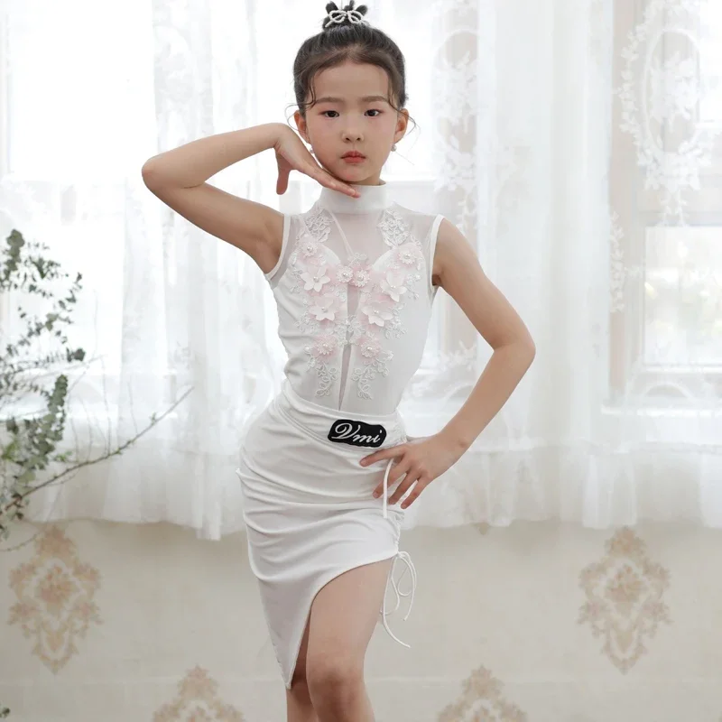 

Latin Dance Costume Children White Sleeveless Stage Clothes Samba Rumba Dancing Practice Clothes Line Dance Clothing