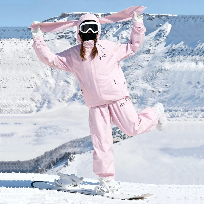 

New Women's Double Board Warm Waterproof Cold Resistant Cartoon Cute Ski Suit Set Breathable Durable Windproof Snow Jacket Pant