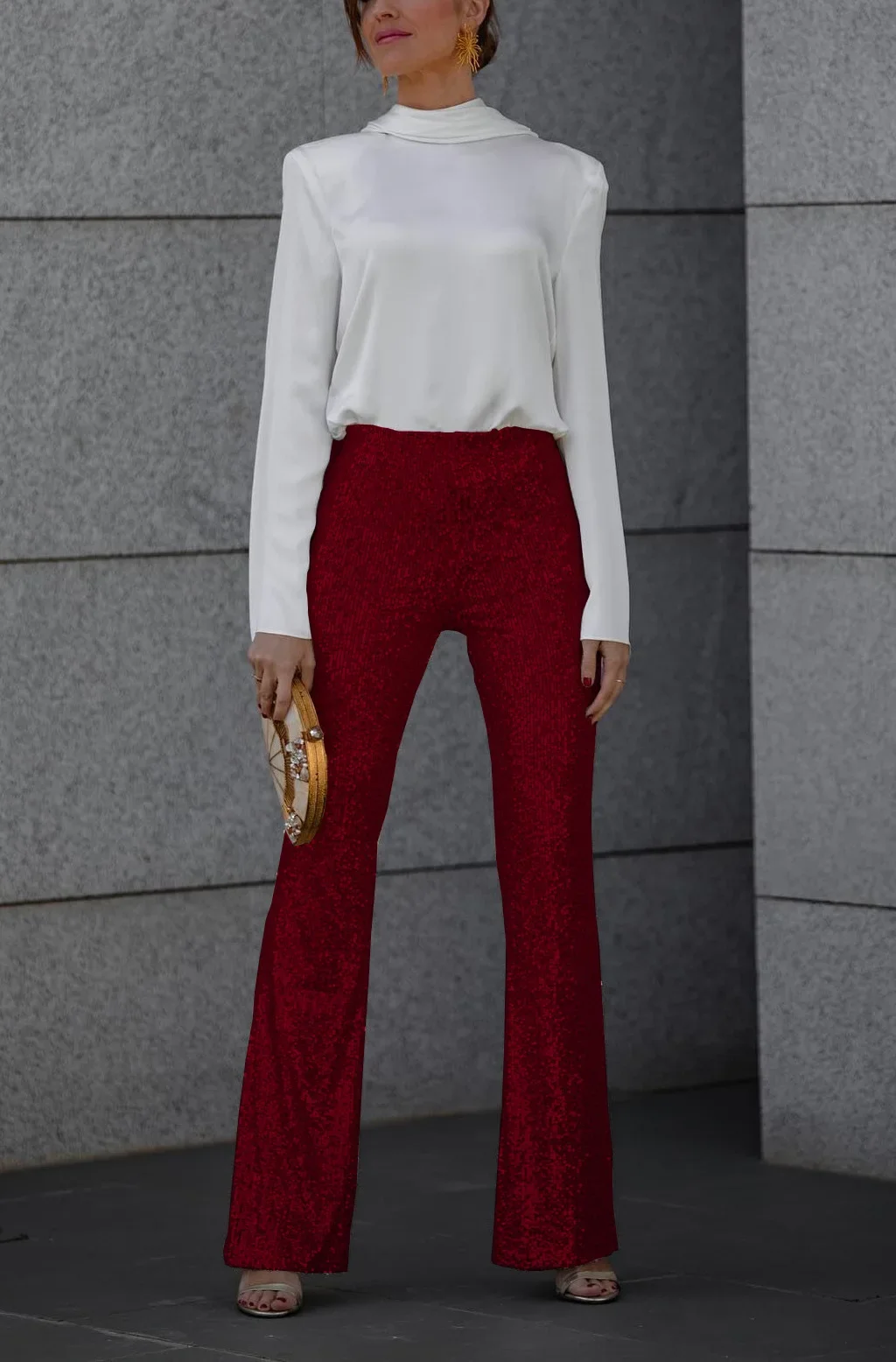 Bwq 2025 mulheres elegantes lantejoulas calças flare sexy noite clubwear chique cor sólida cintura alta estiramento calças retas streetwear