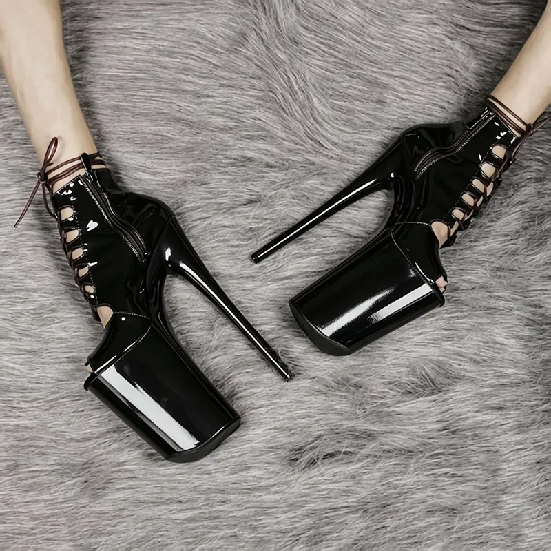 Sexy Black Patent Leather Peep Toe 23cm Stiletto Heels Ankle Boots Nightclub Pole Dance Performance Party Fashion Women's Shoes