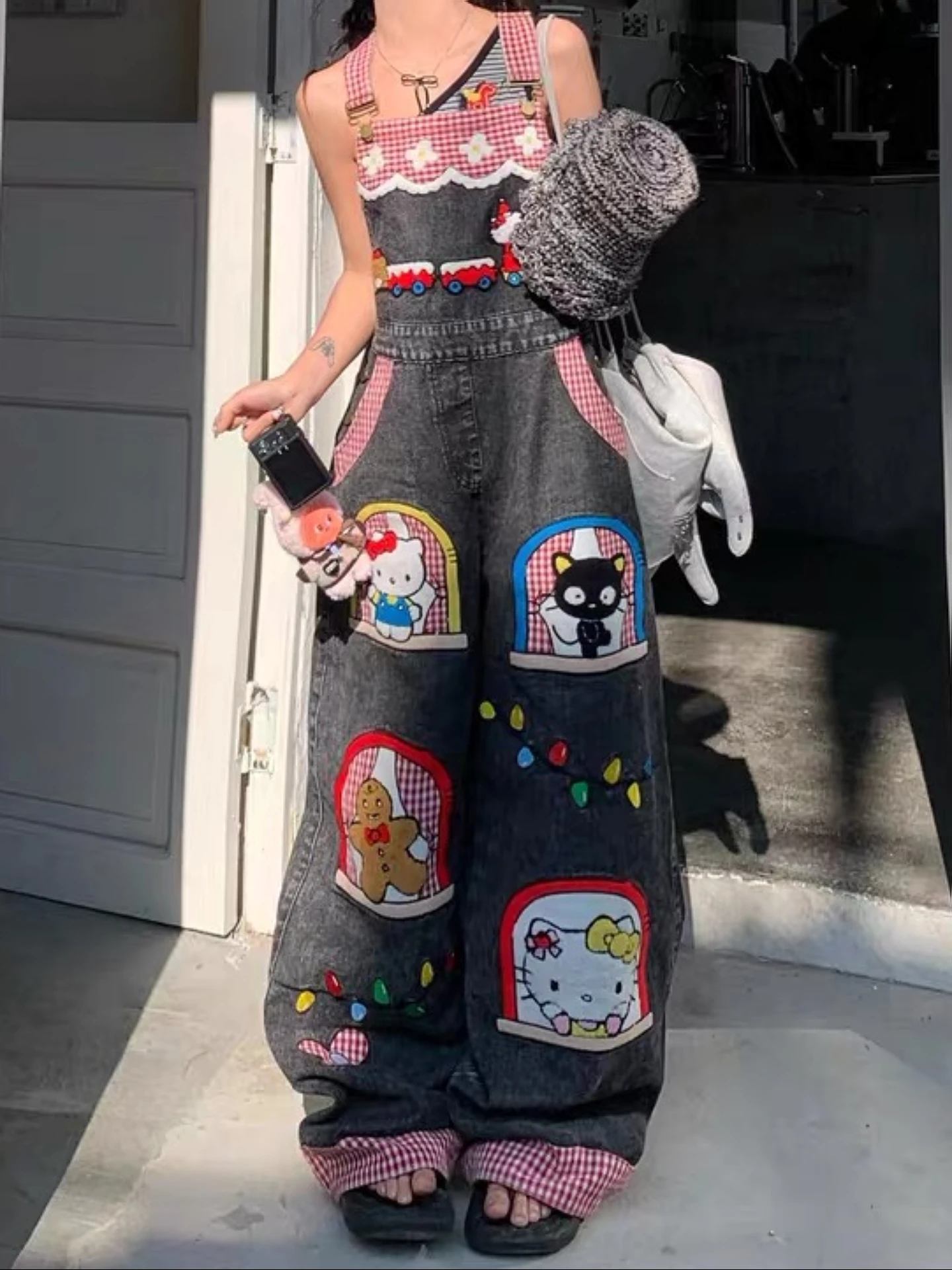 

Retro American Cartoon Embroidery Wide Leg Jeans Overalls Loose High Waist Straight Cut Trousers for Men And Women