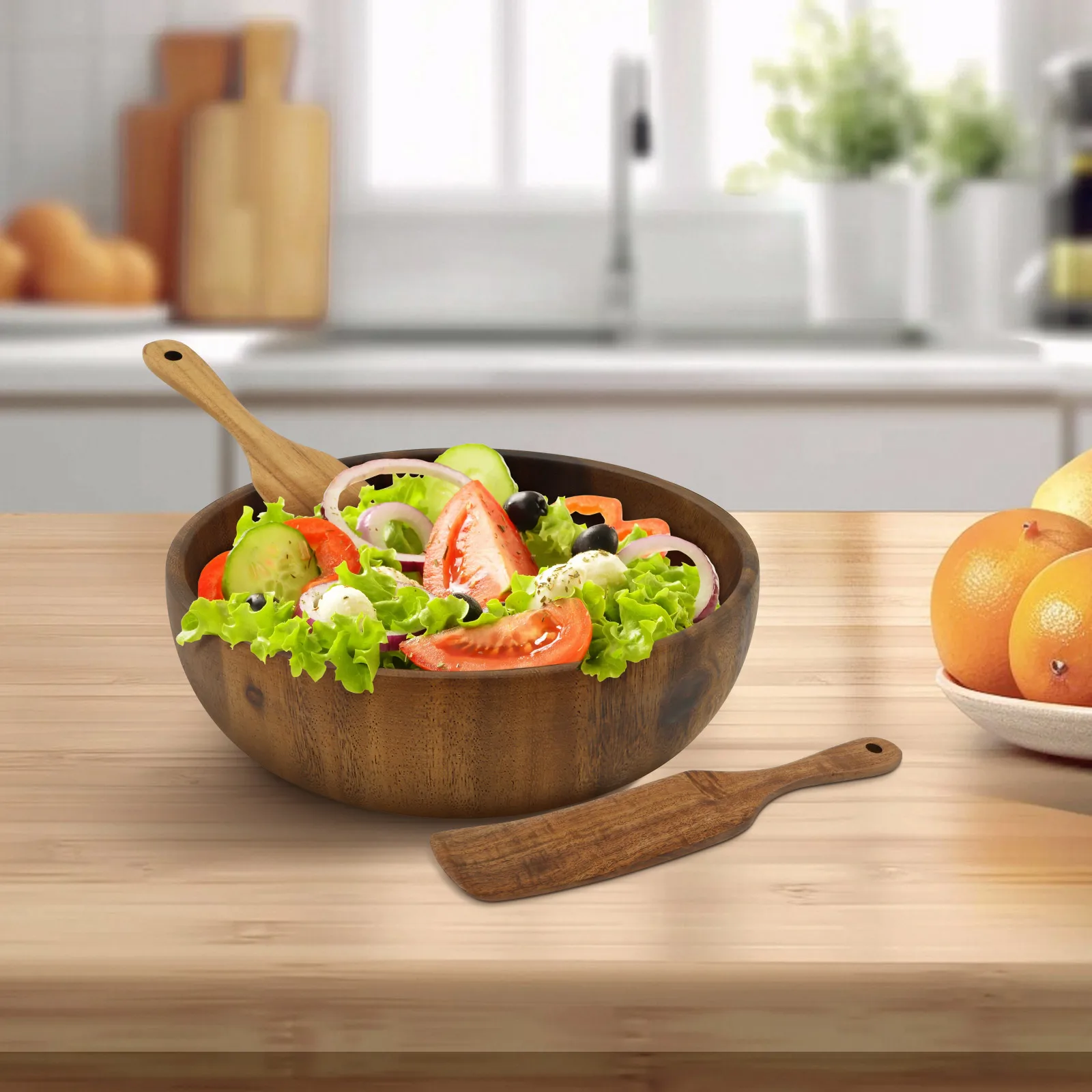 

Wood Salad Bowl Fruit Vegetable Mixing Bowl with Spatula and Fork Multifunctiona Serving Utensil for Home Party Barbecue Camping