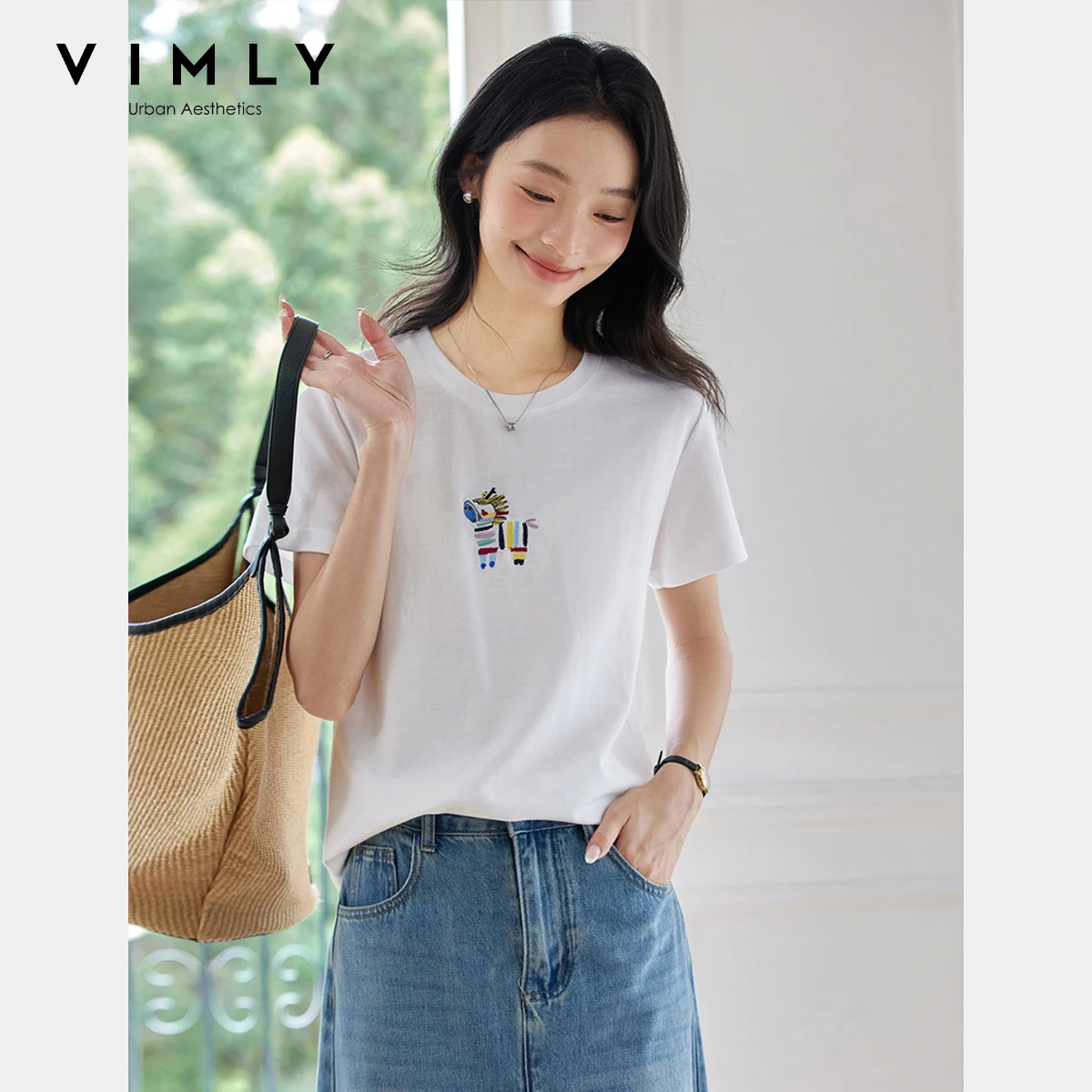 

VIMLY Women's Short Sleeve T-shirts 2025 Summer Casual Round Neck Tops Funny Pony Embroidery Pattern Knitted Woman Tees A2373