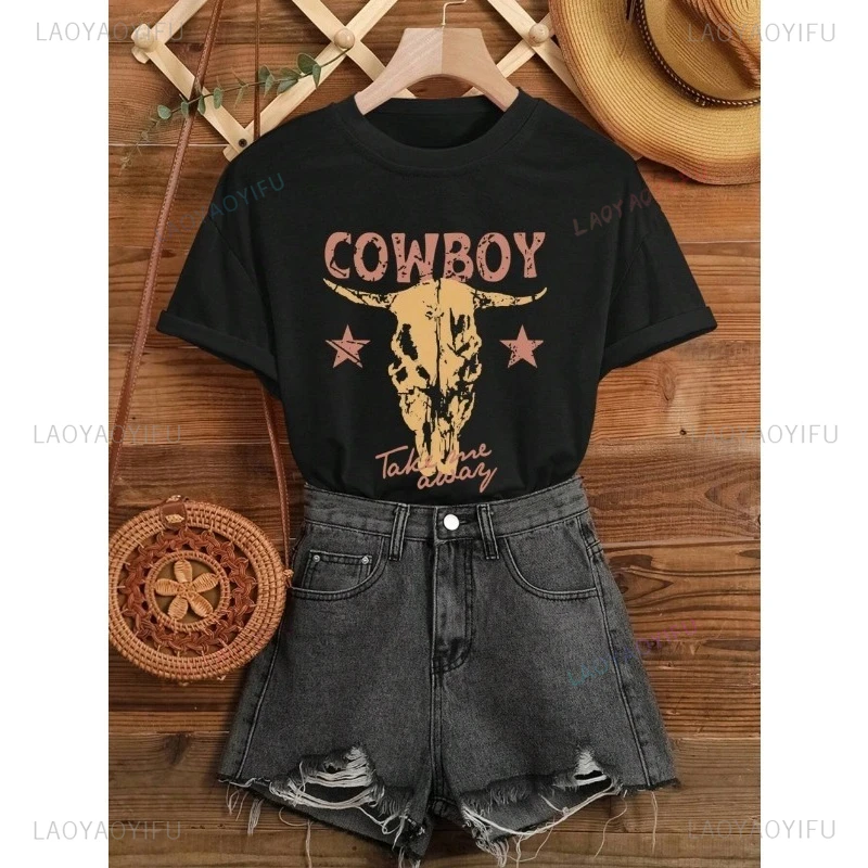 

Womens TShirt Vintage Cowboy Printing Short Sleeve Summer Casual Fashion Breathable Round Neck Pure Cotton Pattern Funny Tops