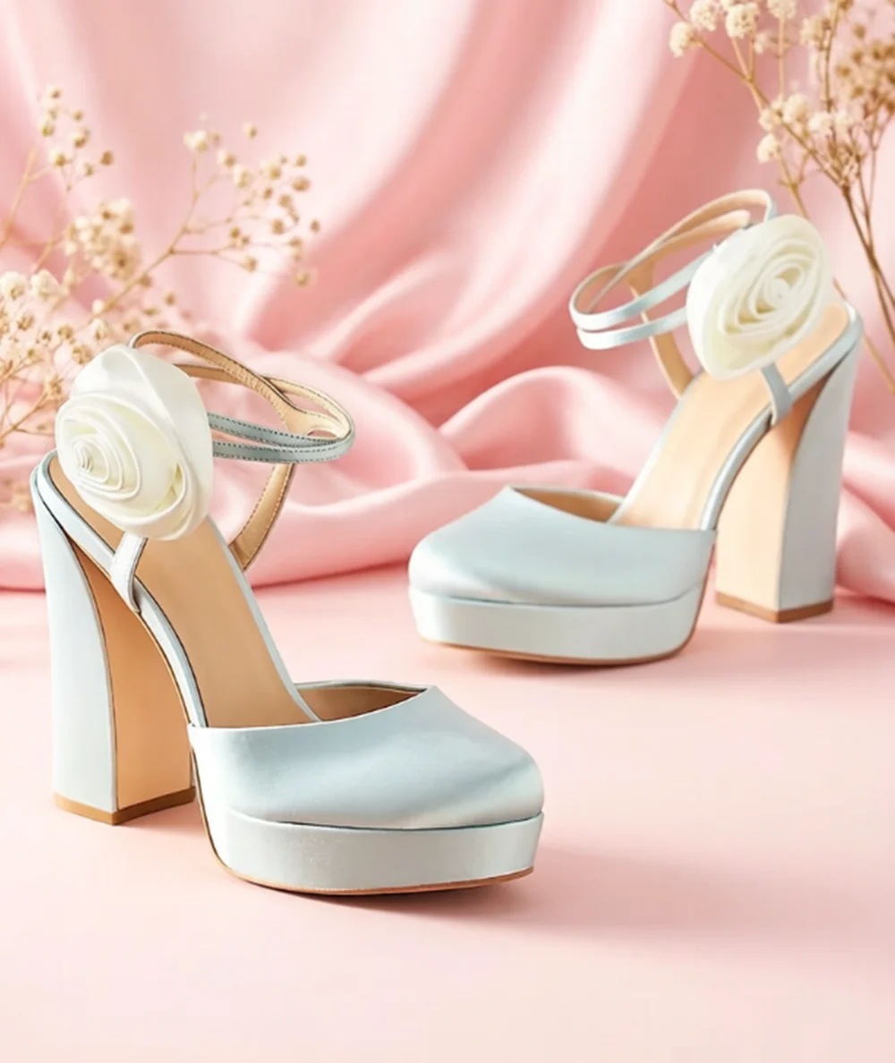 

Round-Toe Satin Chunky Block Heels White Rose Decoration Ankle Wrap Straps Thick Platform Sole Elegant Lady High Heels