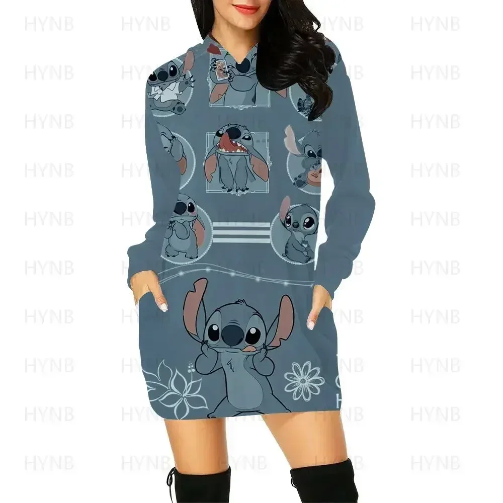 Y2k Stitch Dresses for Women 2024 Disney Woman Clothes Mini Dress With Hood Hoodie Kawaii Fashion Luxury Party Sweater Dress 5XL