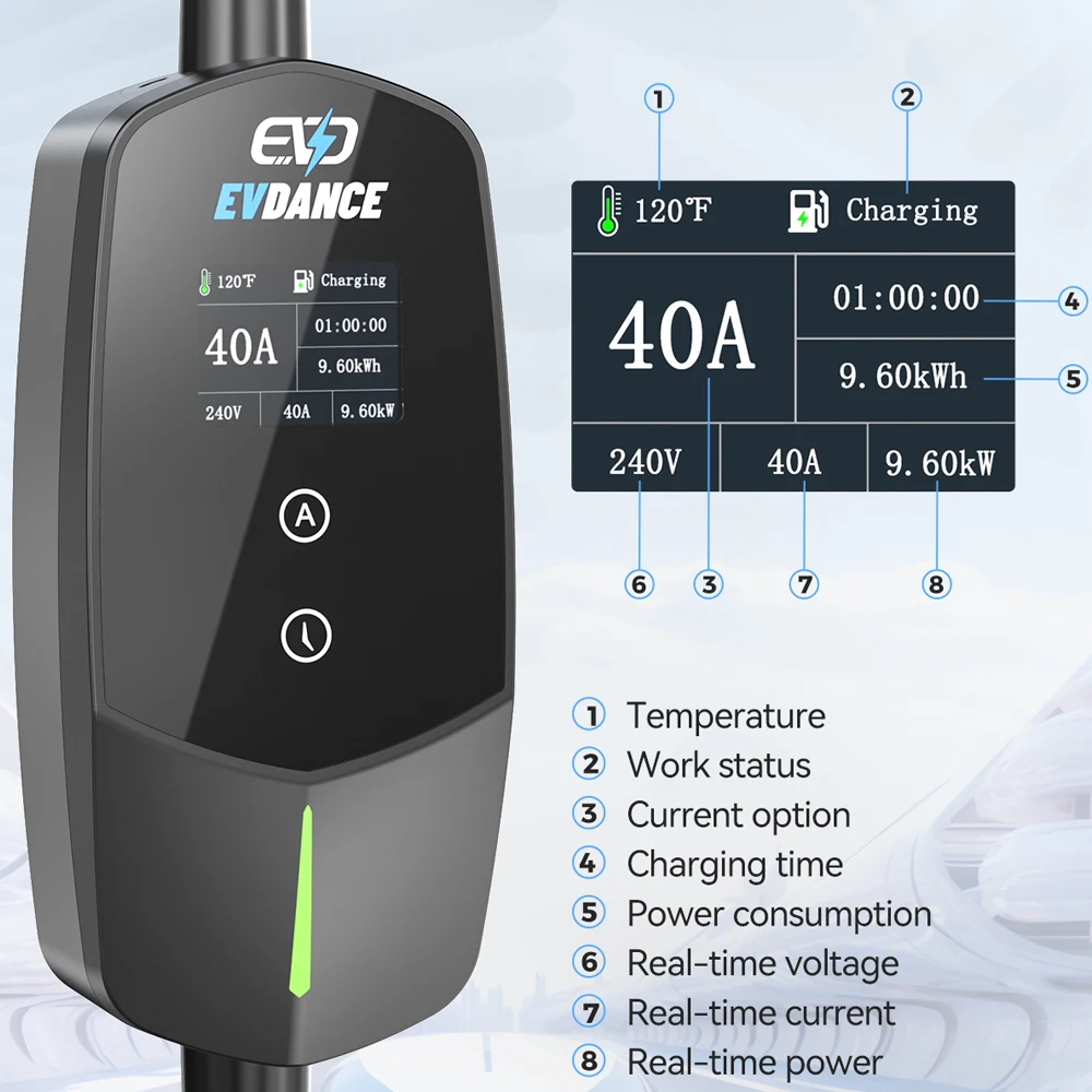 EVDANCE 40A 휴대용 EV 충전기 타입 1, OLED 디스플레이 포함, 25ft 9.6Kw 충전 케이블, 미국 플러그, 자동차 충전기, EV 충전 스테이션