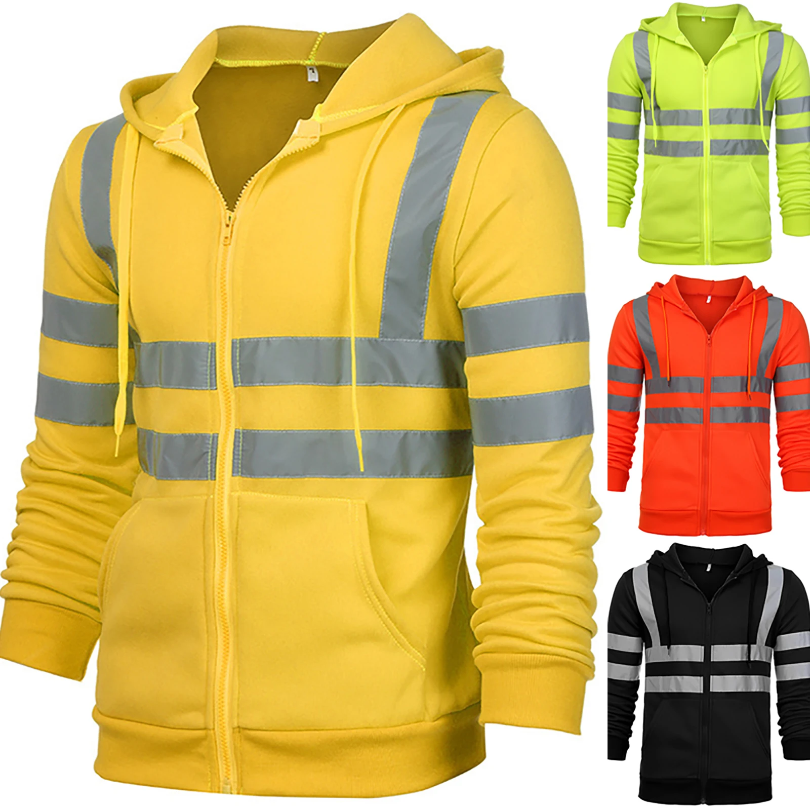 

Men Stripe Patchwork Hooded Jacket Ski Hoodies Reflective Visibility Workwear Coat Color Block Work Wear