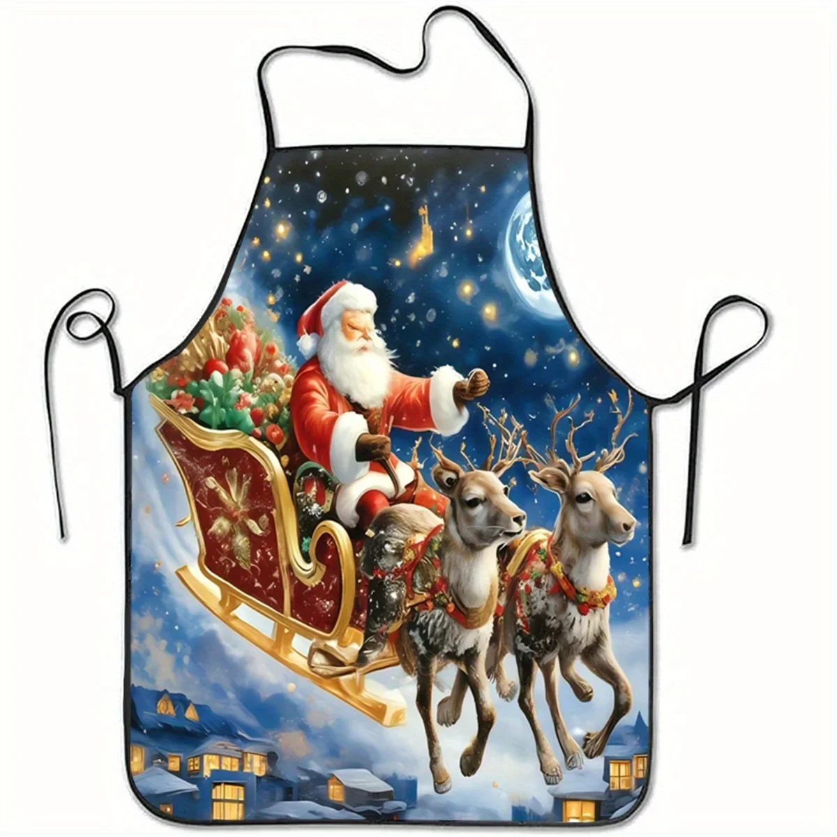 1pc Festive Santa in Sleigh with Reindeer Printed Sleeveless Polyester Apron Ideal for Home & Kitchen Baking, Holiday-Themed