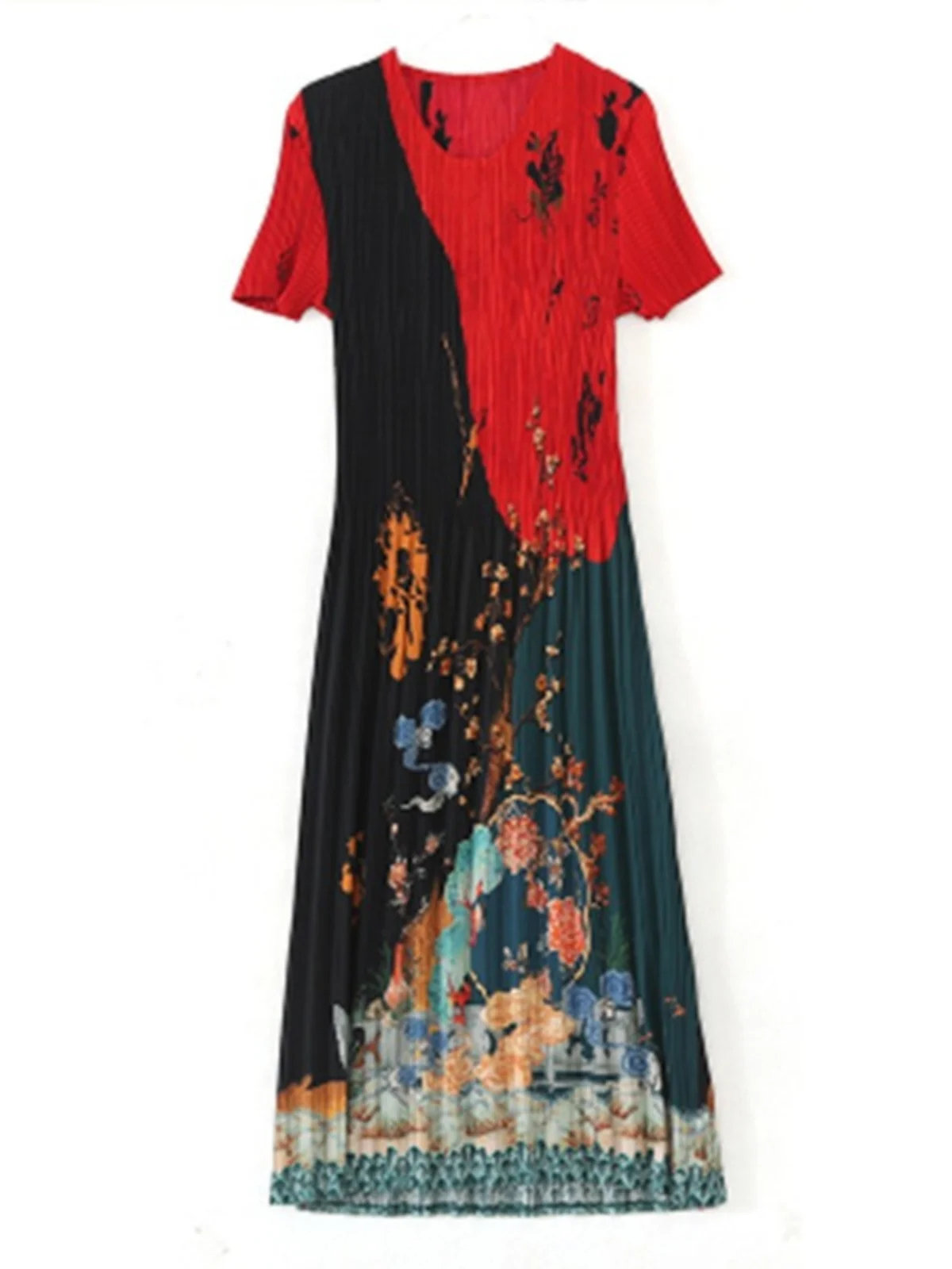 Nuovo Abito Estivo da Donna a Trapezio, Vestibilità Ampia, con Stampa Floreale, Collo Rotondo, Maniche Corte, Plissettato, Effetto Snellente, Taglie Forti, Casual, Lunghezza Media