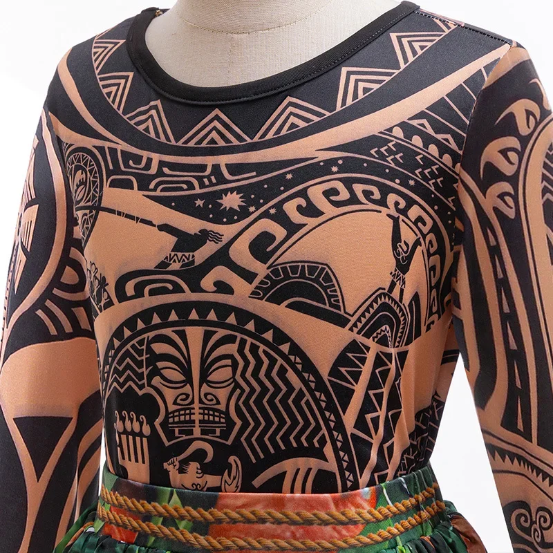 2PCS Sets Boys Maui Cosplay Costume Tattoo Print Set Carnival Birthday Dress Up Children Halloween Party Primitive Man Clothing