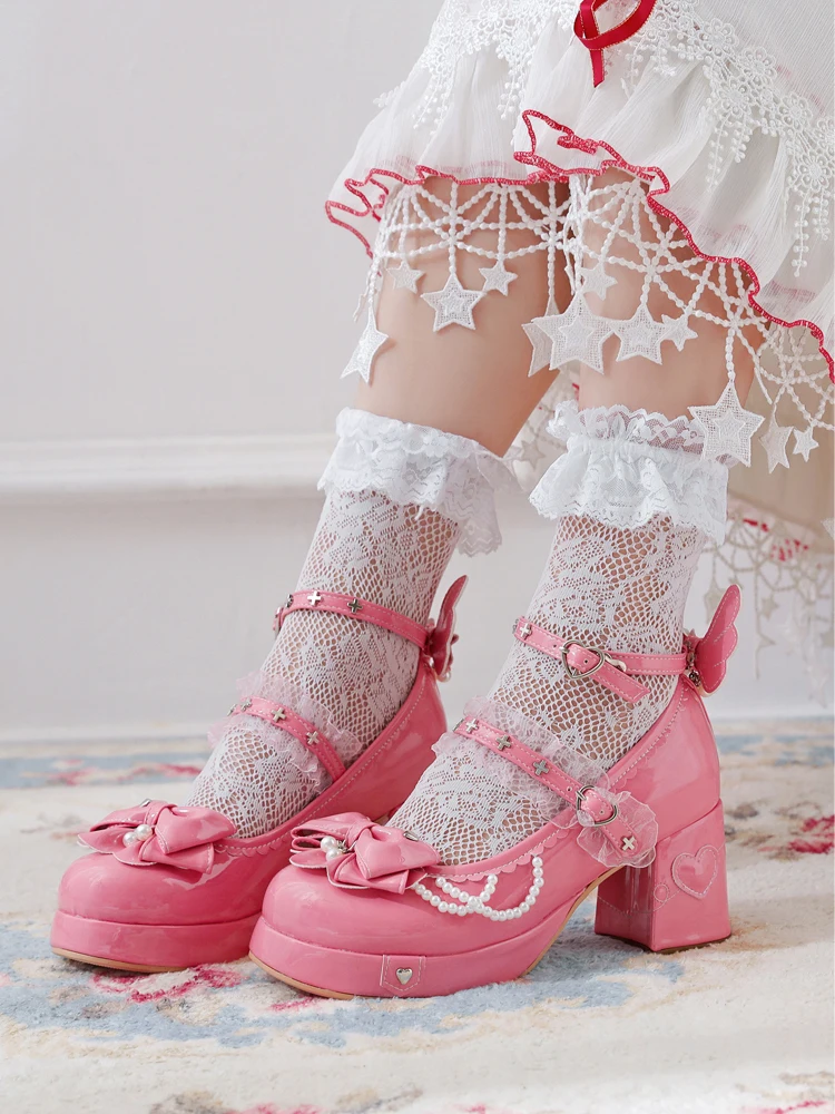 

Cute And Sweet Girl Academy Style Bow High Heels Lo Shoes Coarse Heels Lolita Mary Jane White Women's Shoes