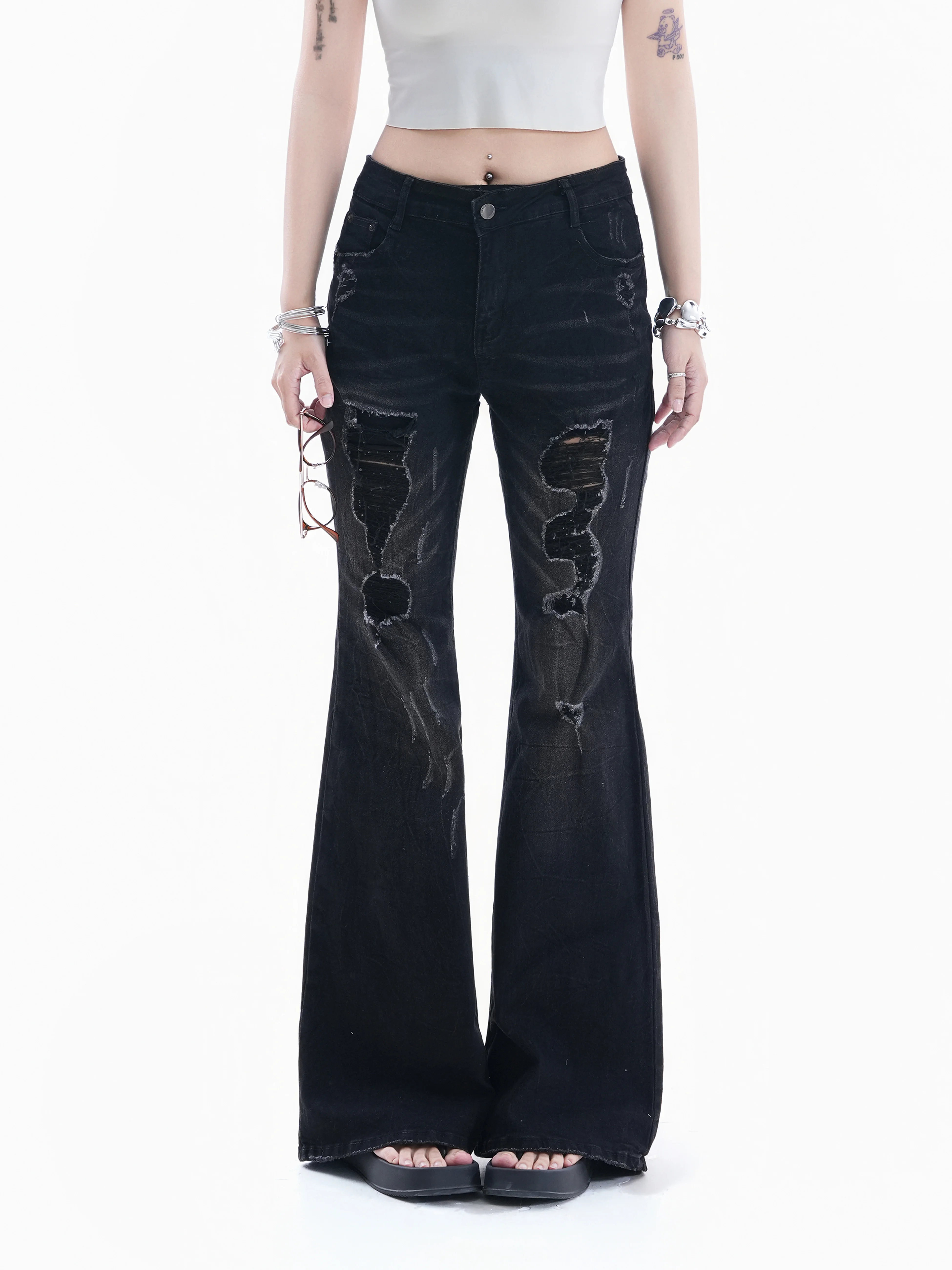 

Retro American Style Distressed Wide Leg Jeans Women's Slimming Hot Pants Cotton Natural Waist Button Closure Casual Pants