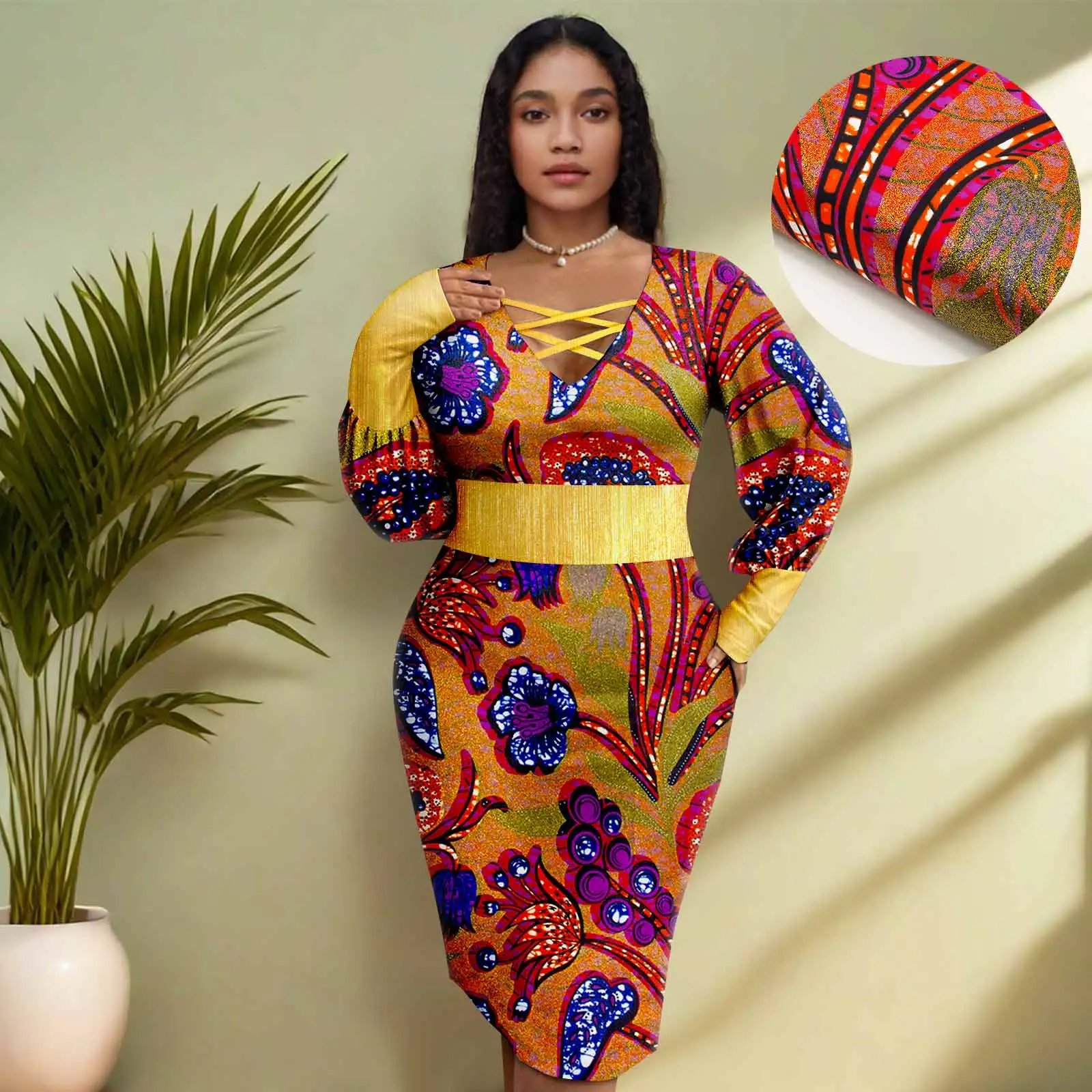 Abito da donna stampato Africa Ankara Abiti sexy a maniche lunghe impreziositi da paillettes dorate con scollo a V 2425147