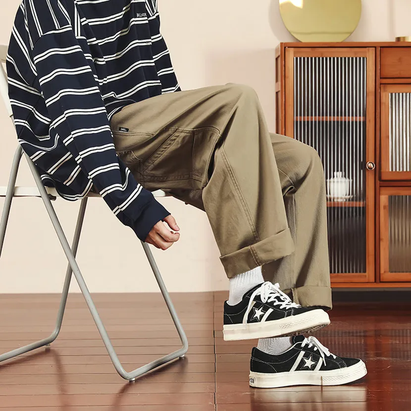 

Khaki Workwear Pants Men's American Retro High Street Straight Leg Loose Fit Casual Long Trousers Spring Autumn Trendy Brand