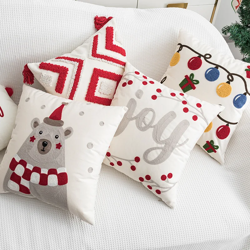 Christmas Bell Embroidered Red Geometric Tufted Cushion Cover Festive Holiday Throw Pillow Covers Living Room Home Party Decor