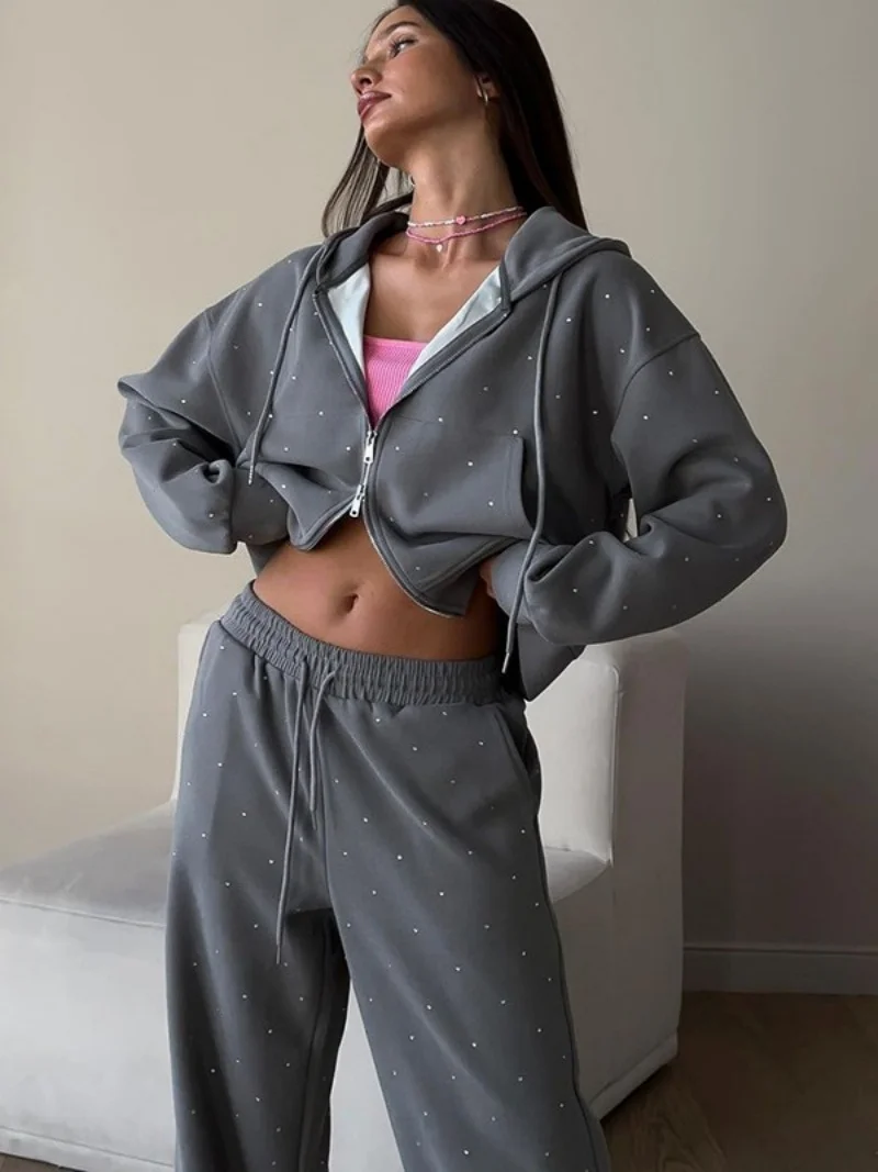 Women\'s Hoodie Set New Style Zipper Cardigan Gray Speckle Sweatshirt Loose Tops Elastic Waist Sweatpants Female\'s 2pcs Sets