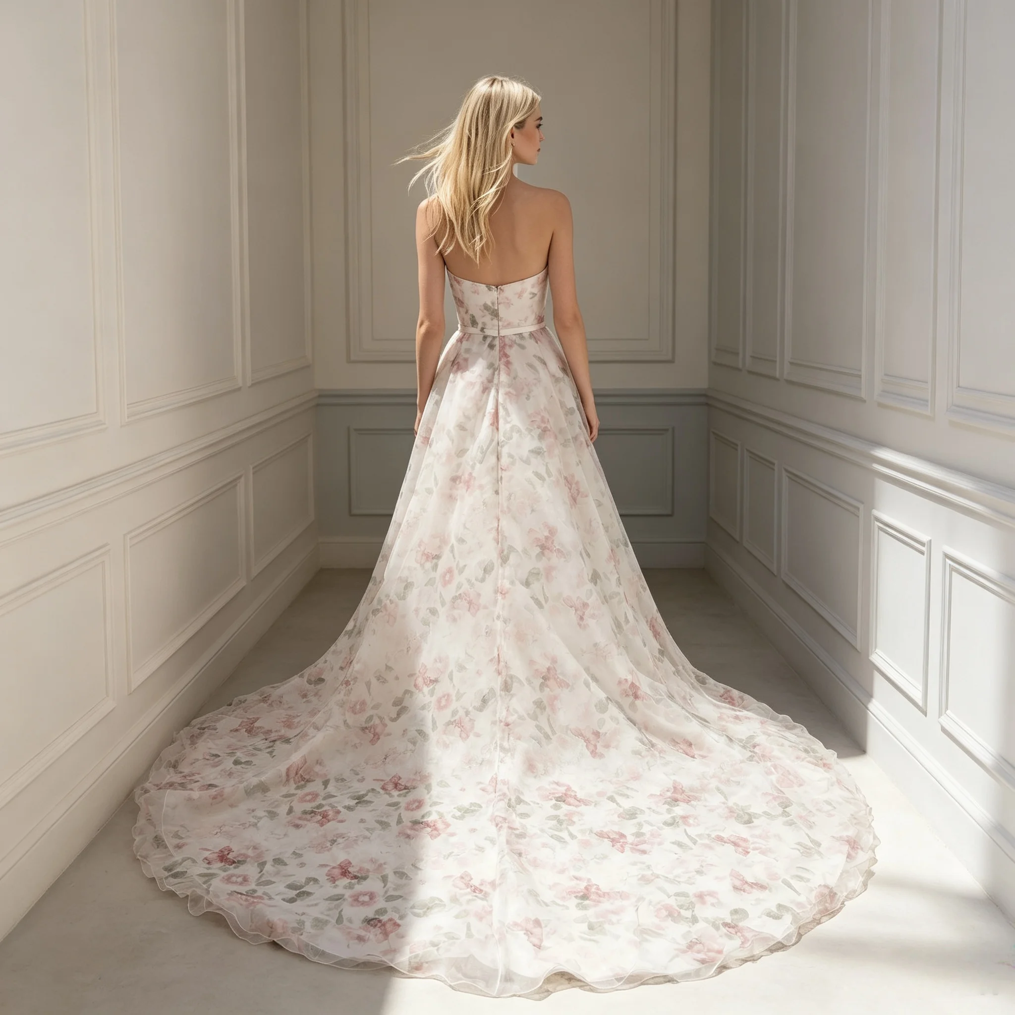 Strapless Tube A Line Wedding Dress Folded Pleat Bodice Zipper Back Watercolor Floral Print Solid Ivory Bridal Gown Customizable