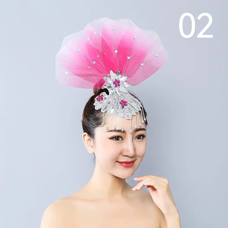 Dance Elegant Veil Brim Hats Headdress Show Stage Performance Costume Hair Accessories Women Yangko Folk Dance Hair Flowers