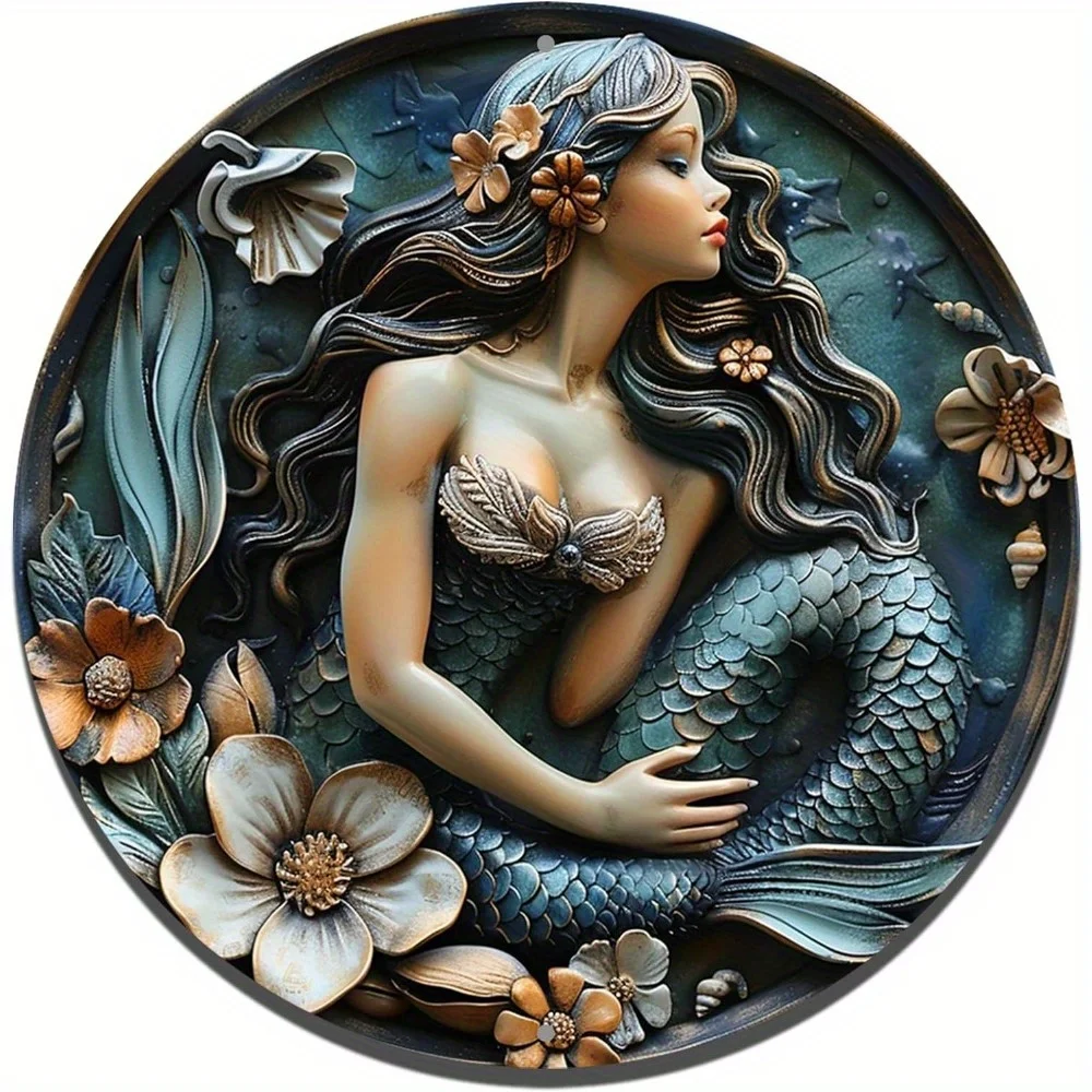 

Round Aluminum Flat Sign, Ocean Mermaid Themed Decoration, Office Room, Home Door Decorations, Mother's Day Gift, 8in, 11.8in