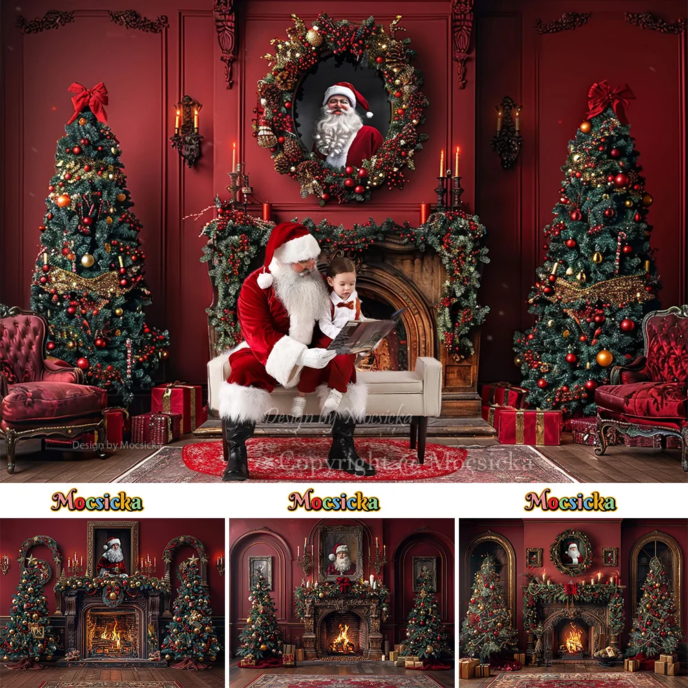 

Red Christmas Photography Background Santa Claus Portrait Fireplace Backdrop Decor Winter Xmas Tree Room Booth Kid Newborn Photo