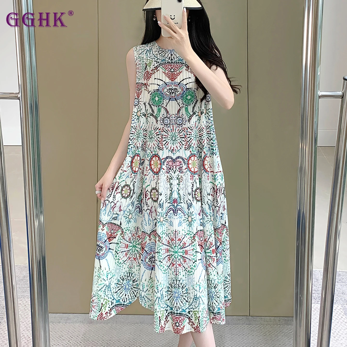 

Женское отпускное платье с круглым вырезом без рукавов и геометрическим узором, с принтом, свободное эластичное повседневное женское платье большого размера, 2025