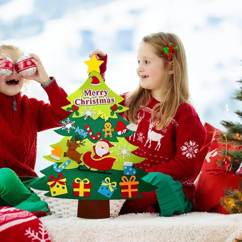 Kids Felt Christmas Tree Kit ชุดงานฝีมือต้นคริสต์มาสสําหรับเด็กพร้อมเครื่องประดับที่ถอดออกได้ 20 ชิ้น Felt Christmas Decorations Kids