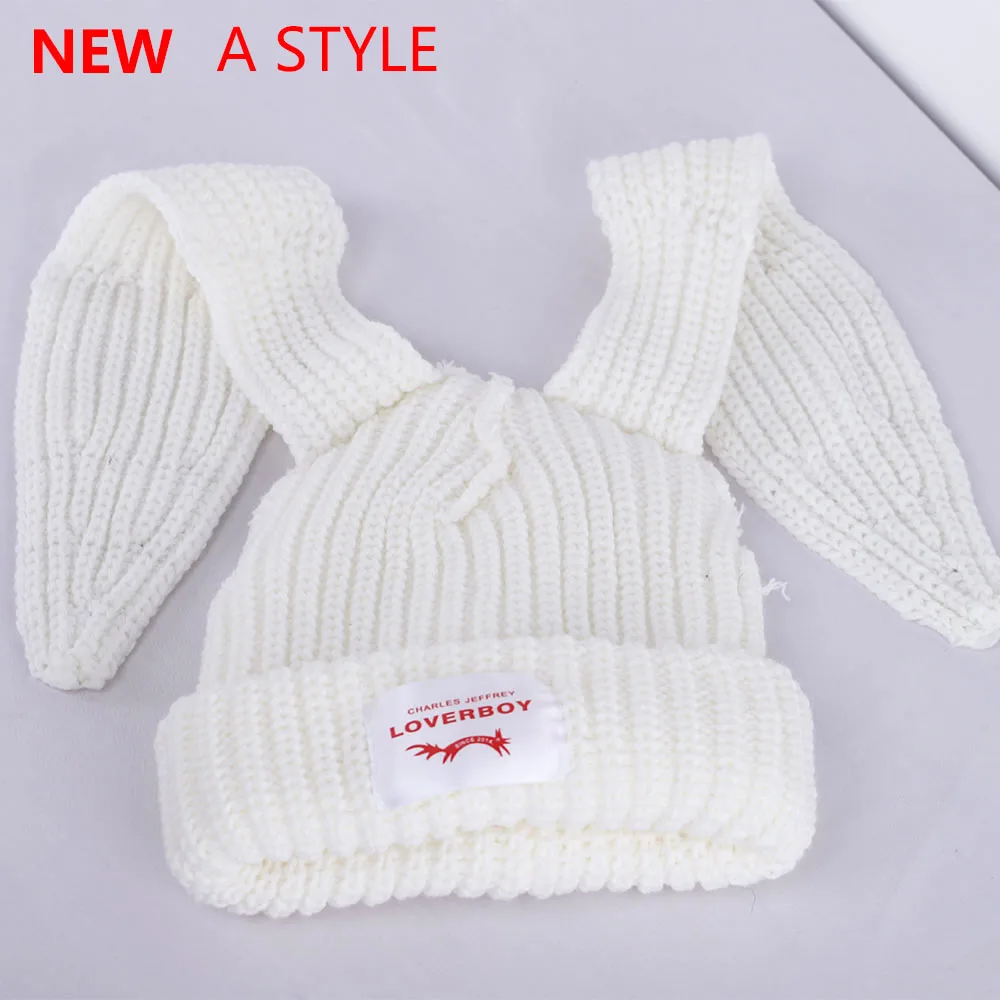 2022 Winter Skullies Cute Women Long rabbit ears fox Hat Crochet Knitted Hat Costume Beanie Hats christmas Gift Hip-hop Cap