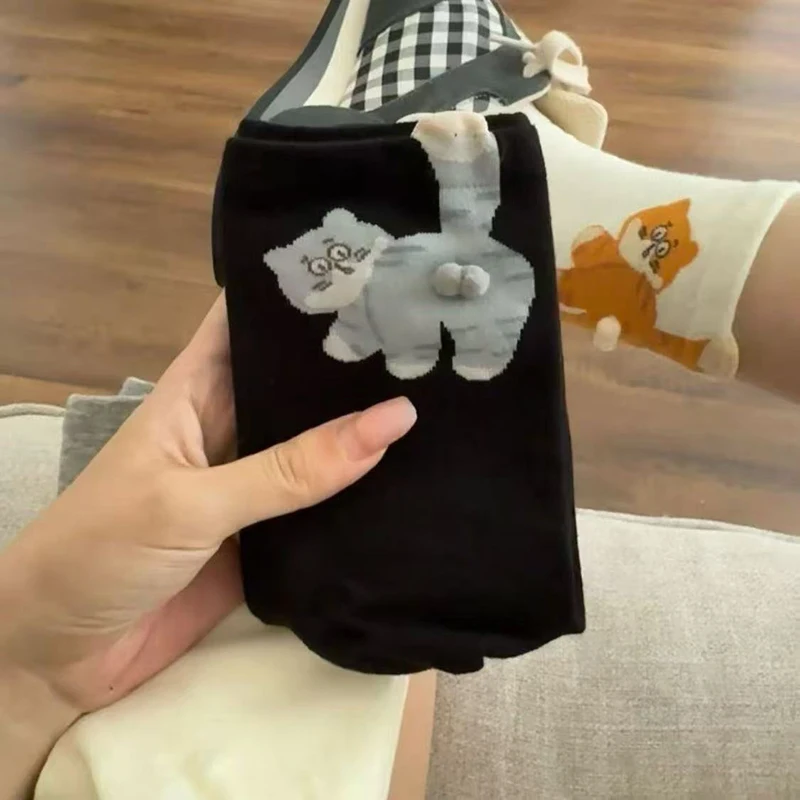 1/3 Pairs Cute Kitten Pattern Funny Women Mid Tube Socks Three-Dimensional Printing Soft Comfortable All Season Casual Socks