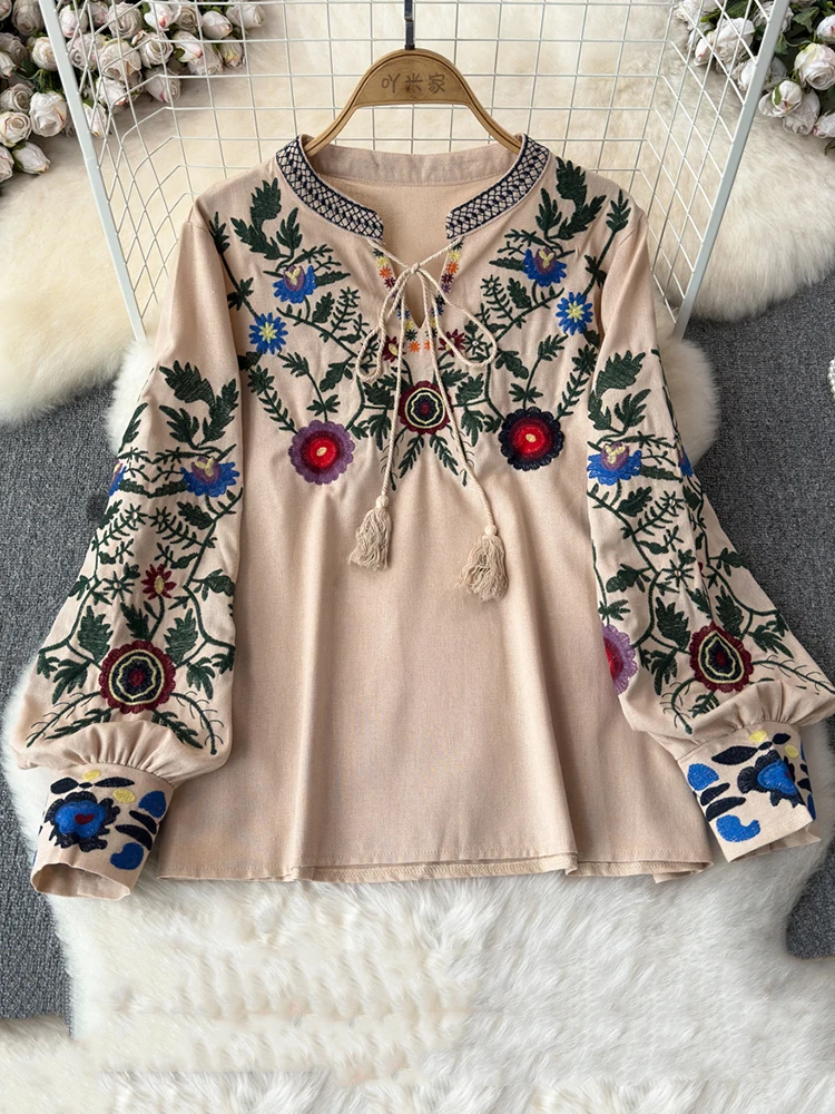 EWQ Vintage Embroidery Blouse For Women Lace-up Collar Lantern Sleeves Loose Contrast Color Tops 2024 Summer New Clothing 27C351