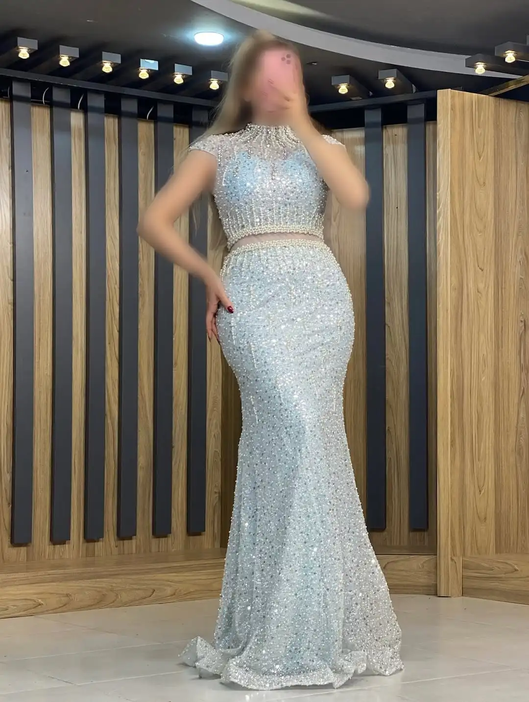 تصميم جديد مثير فاخر الديكور الترتر اللؤلؤ مساء Dressn الخصر الوهم أنيقة حورية البحر حفلة موسيقية فستان رسمي