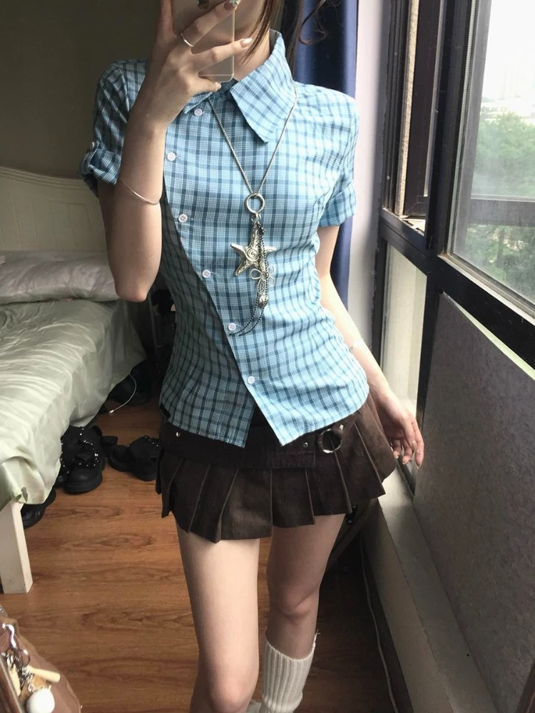 

French Vintage Elegant 2 Piece Set Irregular Plaid Shirt Shirt + Mini Pleated Skirt New Design Fashion Slim Retro Summer Suit
