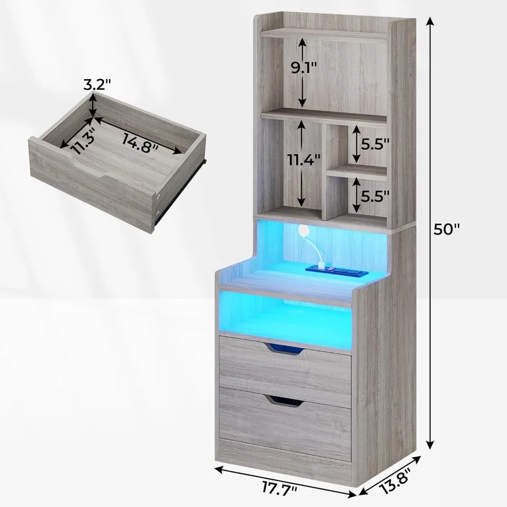 Tall Nightstand with Charging Station and LED Lights, LED Gray Nightstand with Drawers and Shelves, Tall Bedside Table Bookshelf image 2