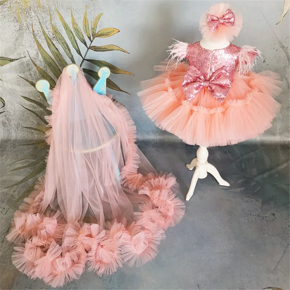 Abiti da ragazza di fiore angelo arancione Tulle con paillettes con fiocco senza maniche per matrimonio, regalo di compleanno per bambini, abito da prima comunione