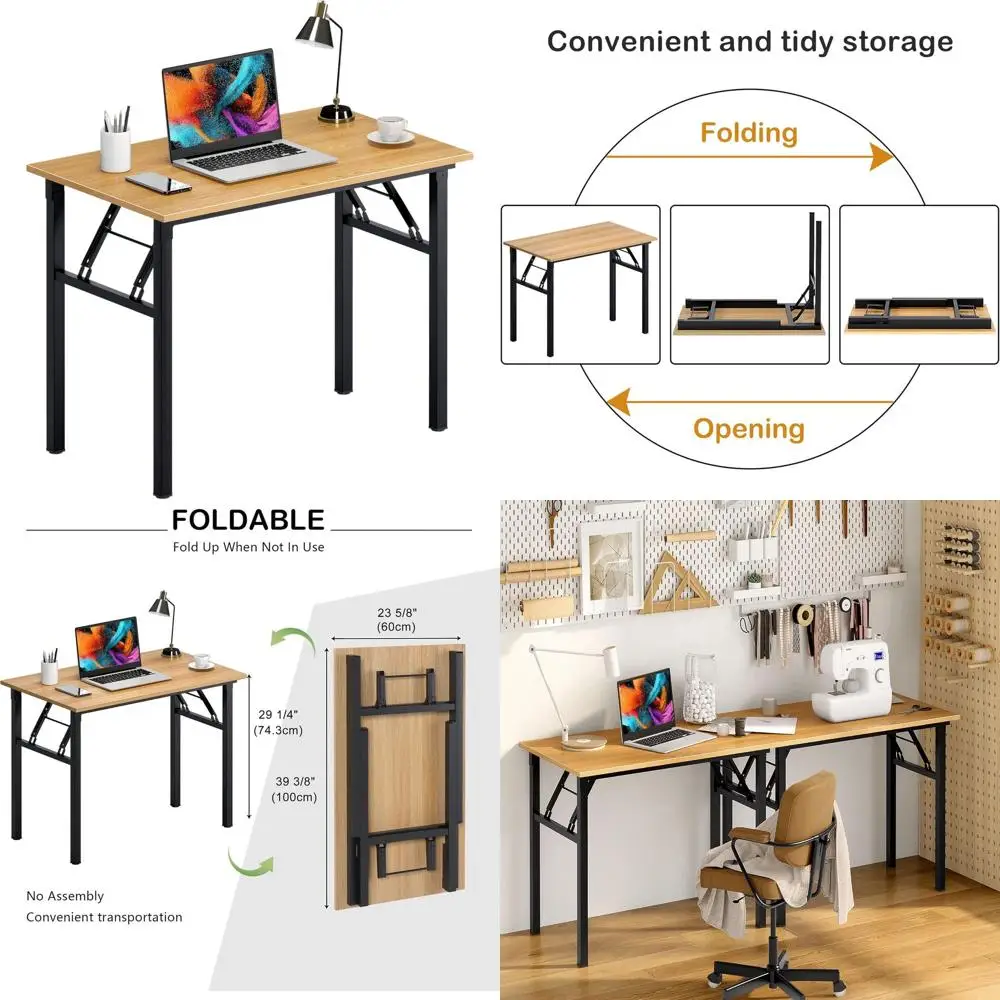 Modern Teak-Colored Folding Computer Desk, 39.375 Length, Easy Setup, Black Frame for Home Office