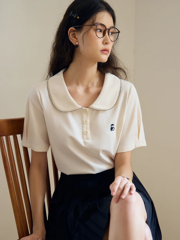 DUSHU Doll Collar Lovely Casual Commuting All-match T-shirt 2024 Summer New Design Simple Temperament Top 24DS82335