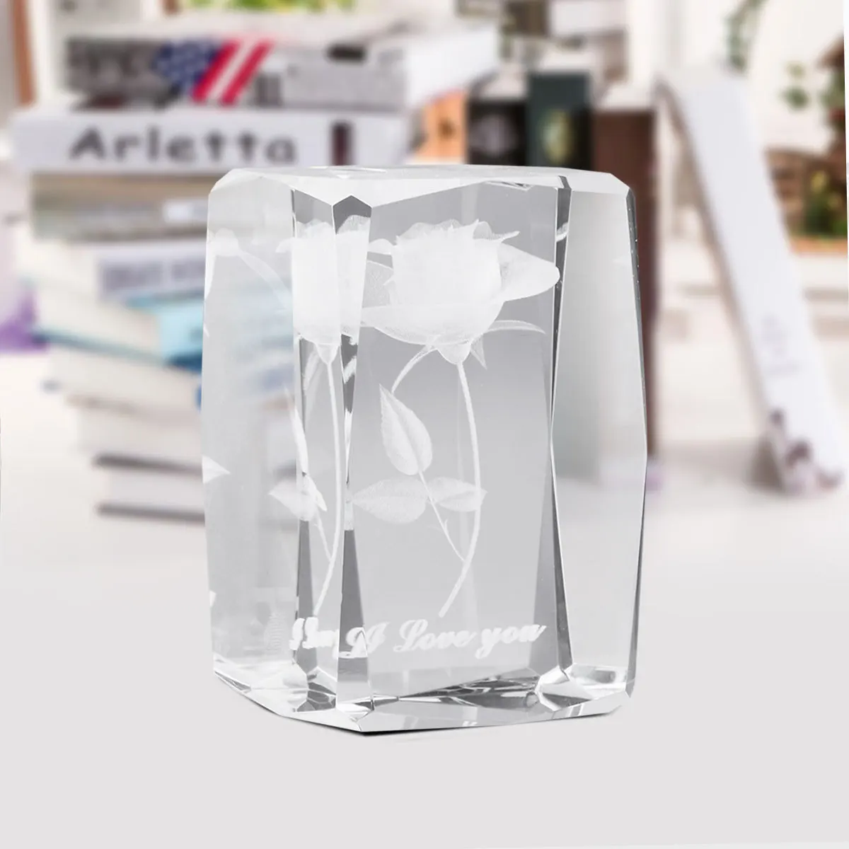 

Crystal 3D Rose Flower Engraved Glass I Love You Base Figurine Ornament Gift for Wedding Souvenirs Christmas Birthday Valentines